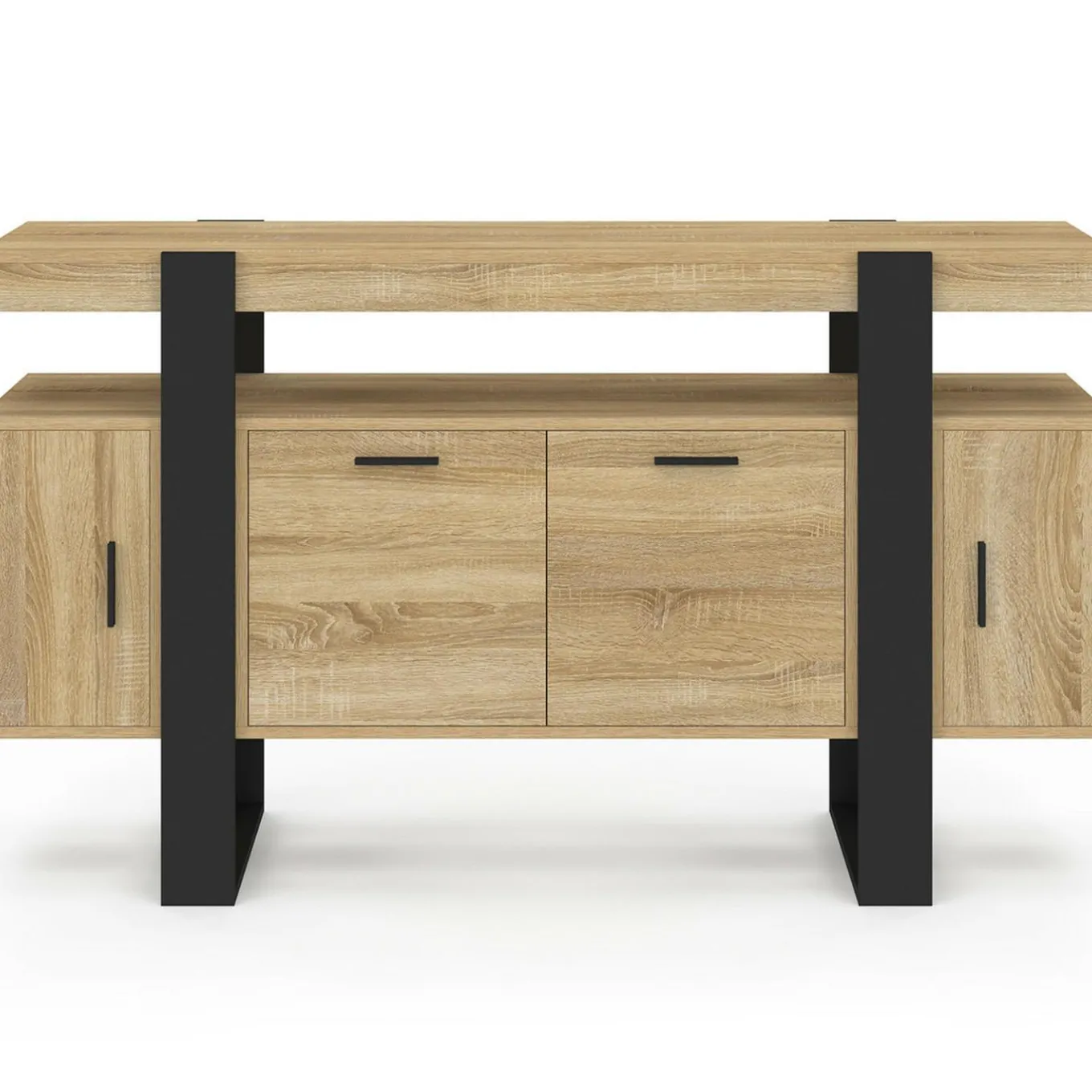 IDMarket Buffet bas 140 cm bois imitation hêtre et noir 4 portes* Meubles En Bois|Collection Design