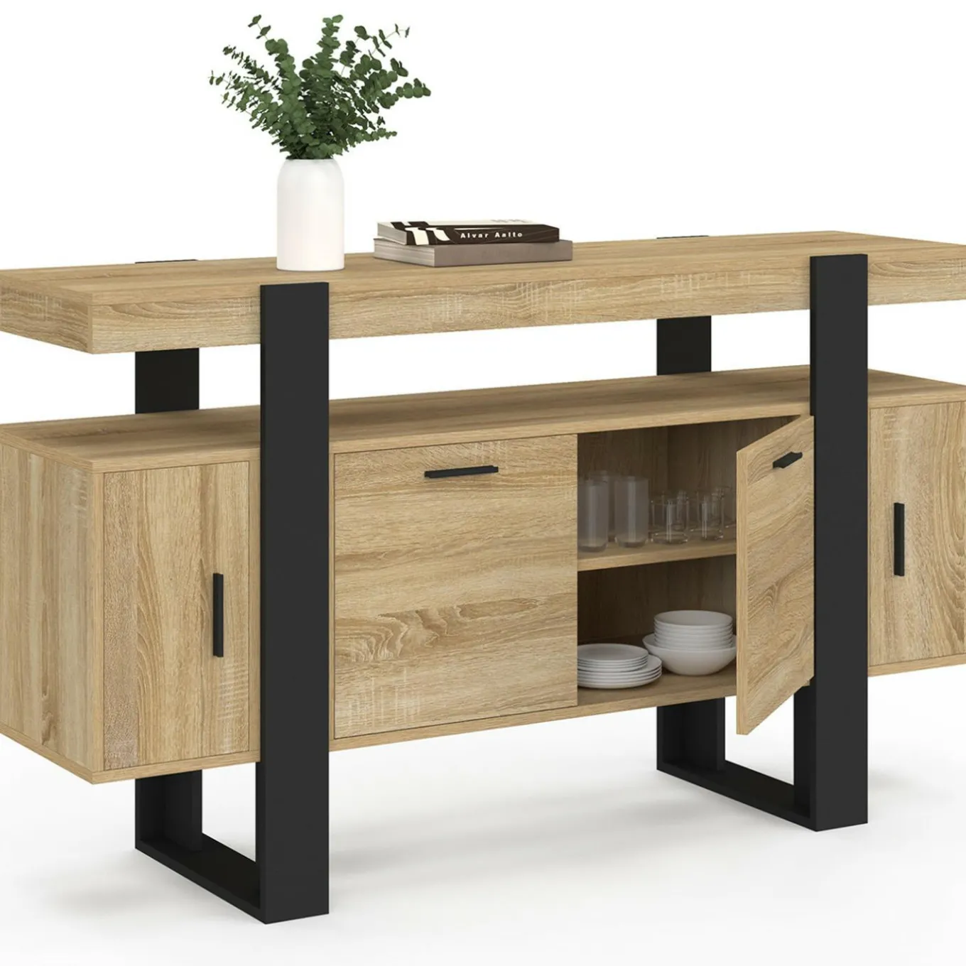 IDMarket Buffet bas 140 cm bois imitation hêtre et noir 4 portes* Meubles En Bois|Collection Design