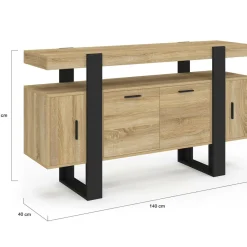 IDMarket Buffet bas 140 cm bois imitation hêtre et noir 4 portes* Meubles En Bois|Collection Design