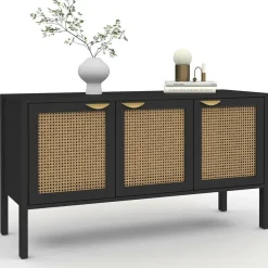IDMarket Buffet bas 3 portes bois noir et cannage 110 cm* Collection Cannage|Salle À Manger Complète