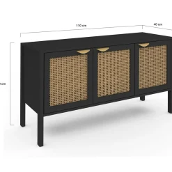 IDMarket Buffet bas 3 portes bois noir et cannage 110 cm* Collection Cannage|Salle À Manger Complète