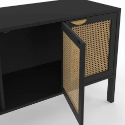 IDMarket Buffet bas 3 portes bois noir et cannage 110 cm* Collection Cannage|Salle À Manger Complète