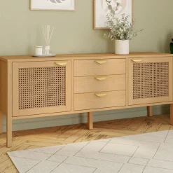IDMarket Buffet bas bois et cannage 140 cm avec 2 portes et 3 tiroirs* Collection Cannage|Salle À Manger Complète