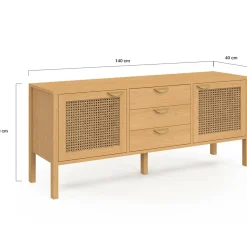 IDMarket Buffet bas bois et cannage 140 cm avec 2 portes et 3 tiroirs* Collection Cannage|Salle À Manger Complète