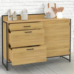 IDMarket Buffet bas de cuisine 120 cm 3 tiroirs design industriel* Meubles Tiroirs|Meubles De Cuisine Avec Plan De Travail