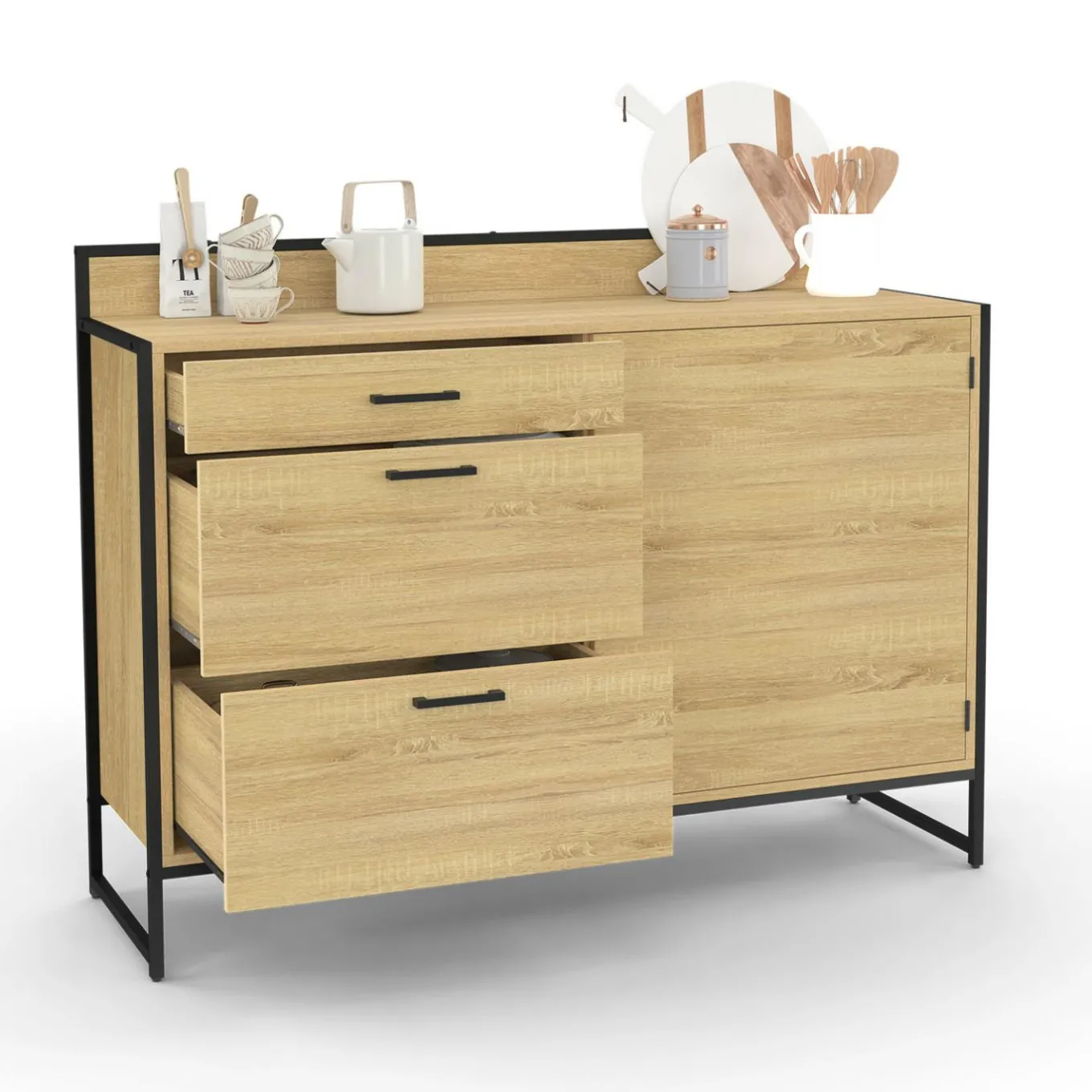 IDMarket Buffet bas de cuisine 120 cm 3 tiroirs design industriel* Meubles Tiroirs|Meubles De Cuisine Avec Plan De Travail