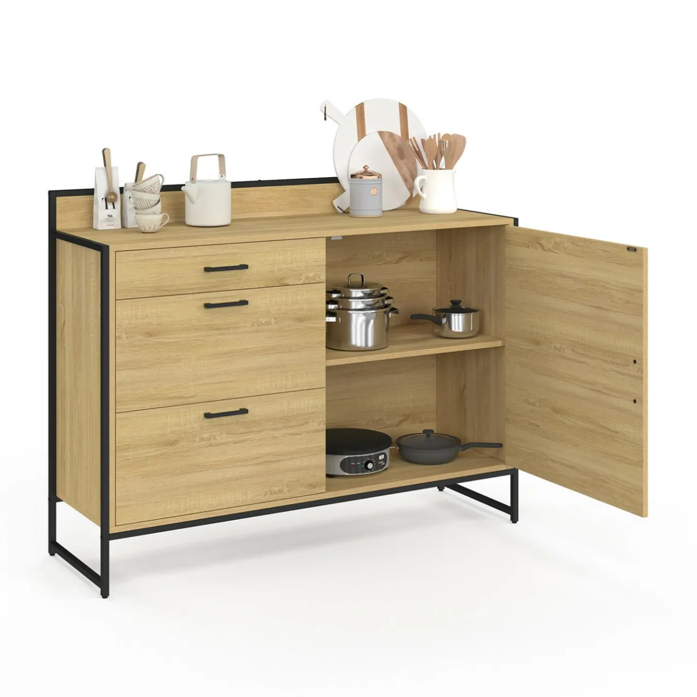 IDMarket Buffet bas de cuisine 120 cm 3 tiroirs design industriel* Meubles Tiroirs|Meubles De Cuisine Avec Plan De Travail