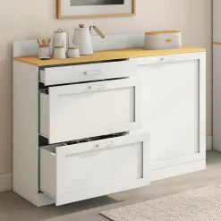 IDMarket Buffet bas de cuisine 120 cm casserolier plan de travail H.83 cm 1 porte + 3 tiroirs blanc et plateau façon hêtre* Meubles De Cuisine Avec Plan De Travail|Buffets De Cuisine