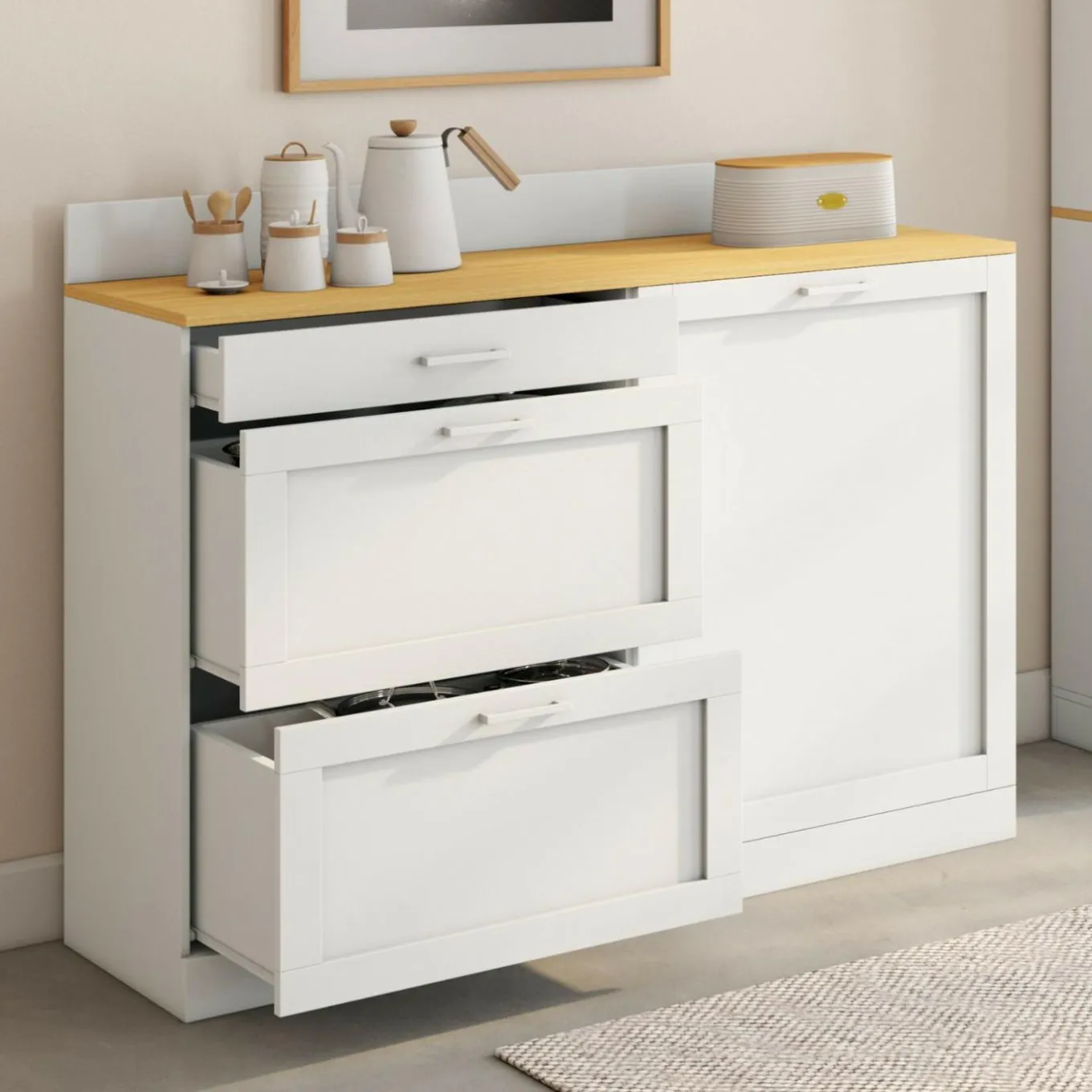 IDMarket Buffet bas de cuisine 120 cm casserolier plan de travail H.83 cm 1 porte + 3 tiroirs blanc et plateau façon hêtre* Meubles De Cuisine Avec Plan De Travail|Buffets De Cuisine