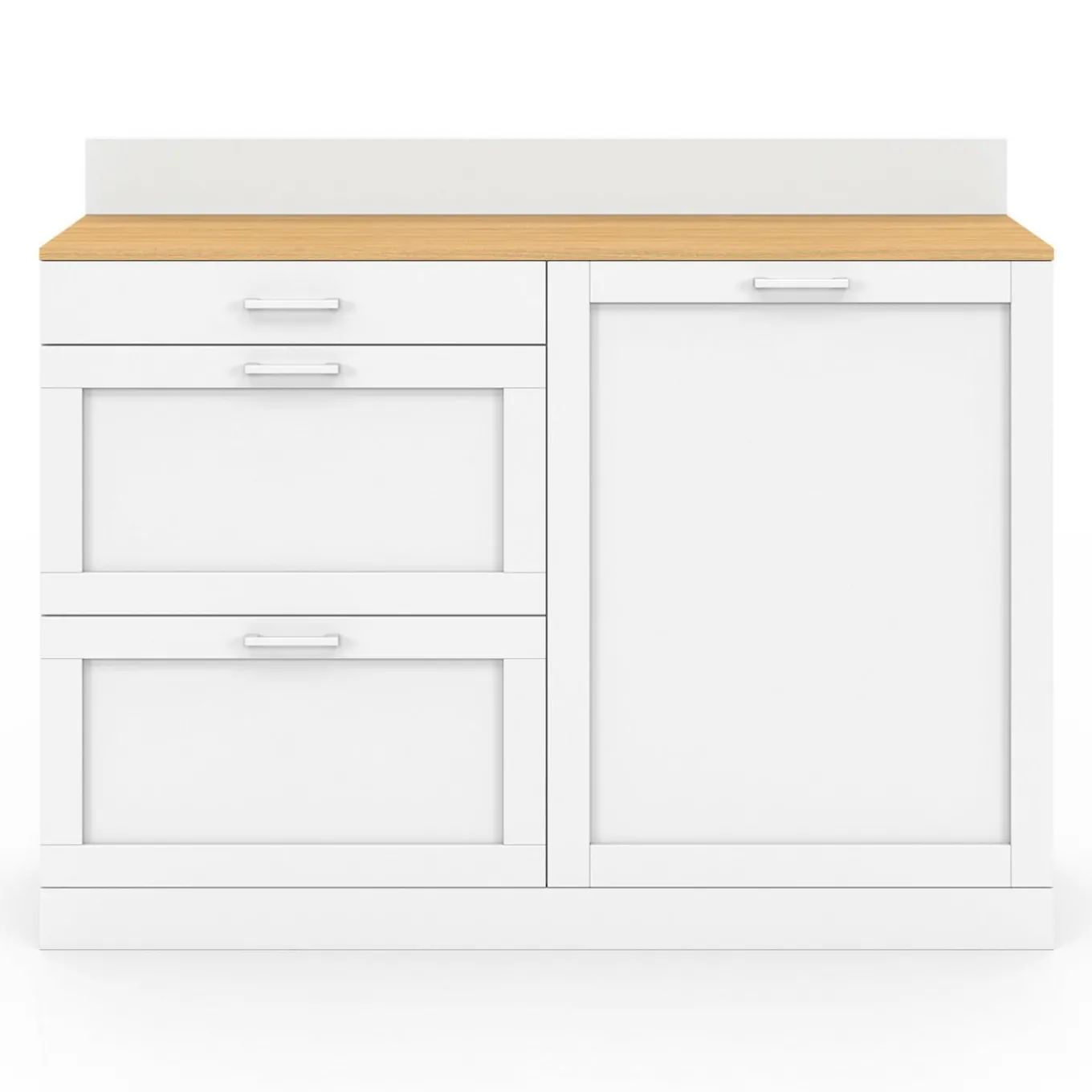 IDMarket Buffet bas de cuisine 120 cm casserolier plan de travail H.83 cm 1 porte + 3 tiroirs blanc et plateau façon hêtre* Meubles De Cuisine Avec Plan De Travail|Buffets De Cuisine