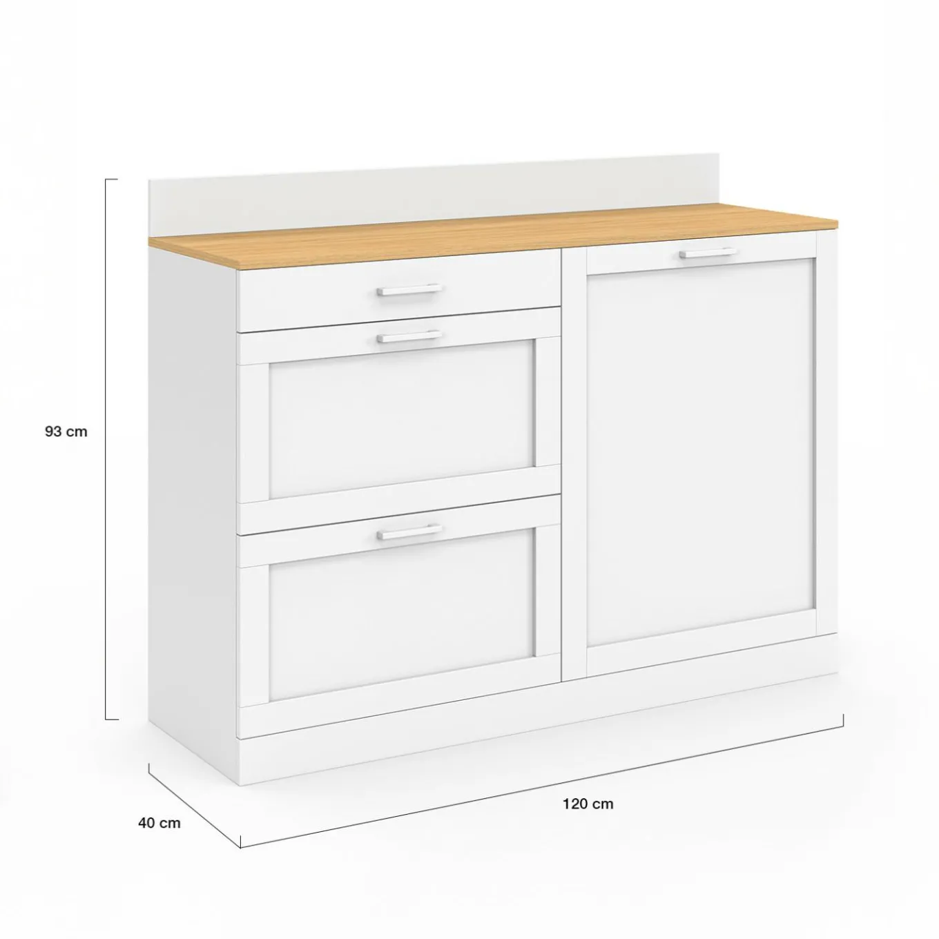 IDMarket Buffet bas de cuisine 120 cm casserolier plan de travail H.83 cm 1 porte + 3 tiroirs blanc et plateau façon hêtre* Meubles De Cuisine Avec Plan De Travail|Buffets De Cuisine
