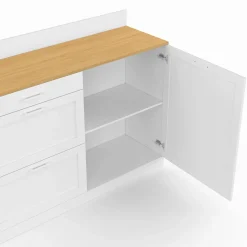 IDMarket Buffet bas de cuisine 120 cm casserolier plan de travail H.83 cm 1 porte + 3 tiroirs blanc et plateau façon hêtre* Meubles De Cuisine Avec Plan De Travail|Buffets De Cuisine