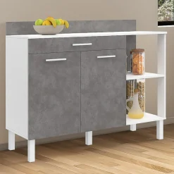 IDMarket Buffet bas de cuisine blanc 120 cm 2 portes + tiroir effet béton* Meubles Tiroirs|Meubles Bas