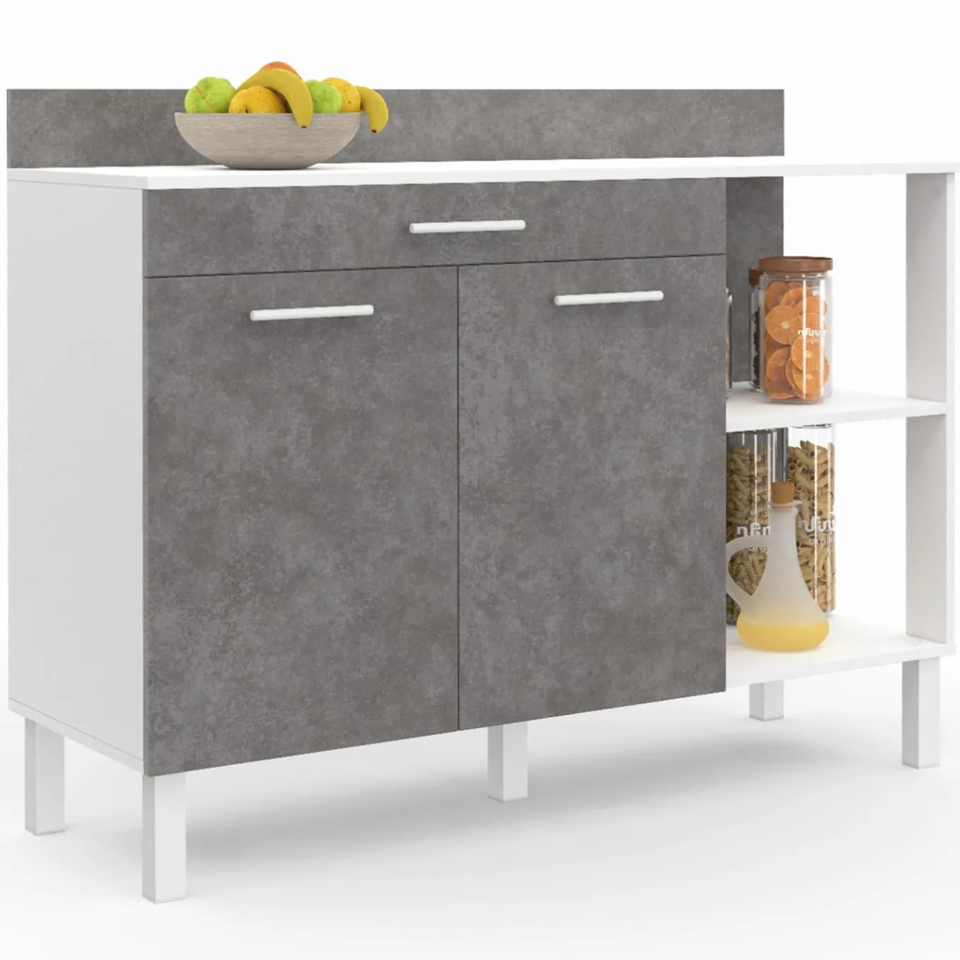 IDMarket Buffet bas de cuisine blanc 120 cm 2 portes + tiroir effet béton* Meubles Tiroirs|Meubles Bas