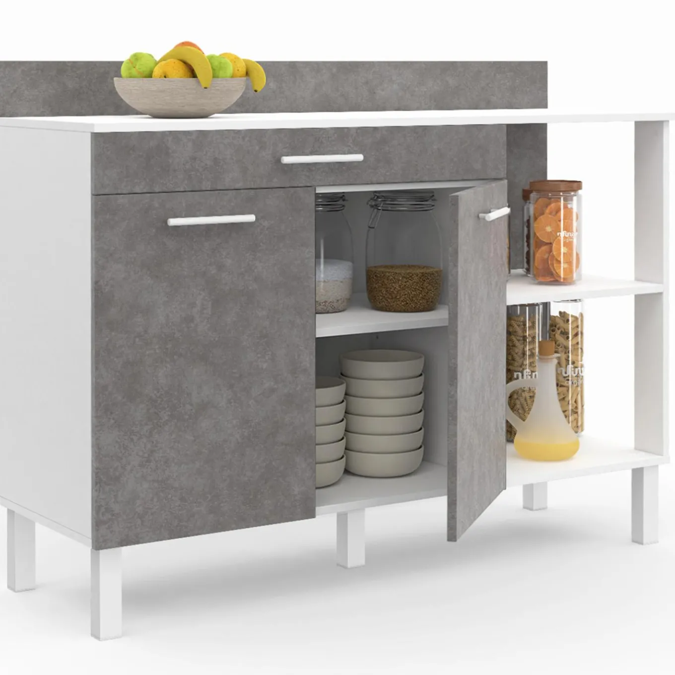 IDMarket Buffet bas de cuisine blanc 120 cm 2 portes + tiroir effet béton* Meubles Tiroirs|Meubles Bas