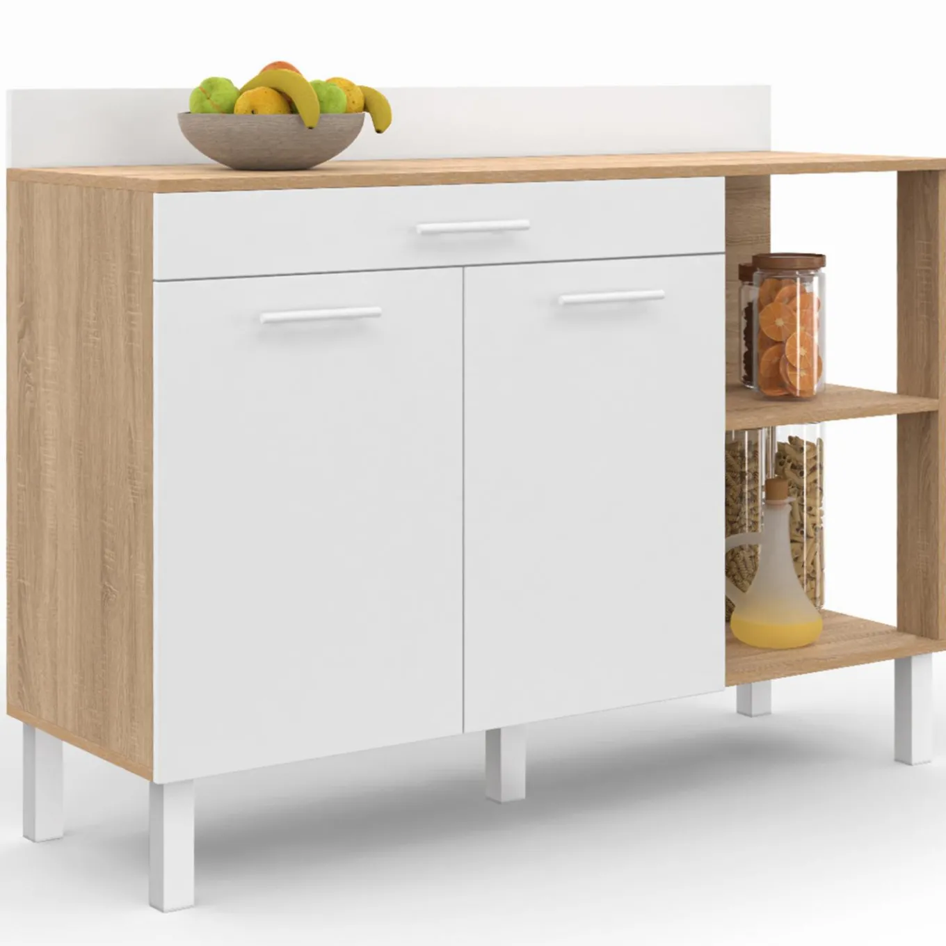 IDMarket Buffet bas de cuisine bois façon hêtre 120 cm 2 portes + tiroir blanc* Meubles Tiroirs|Meubles Bas