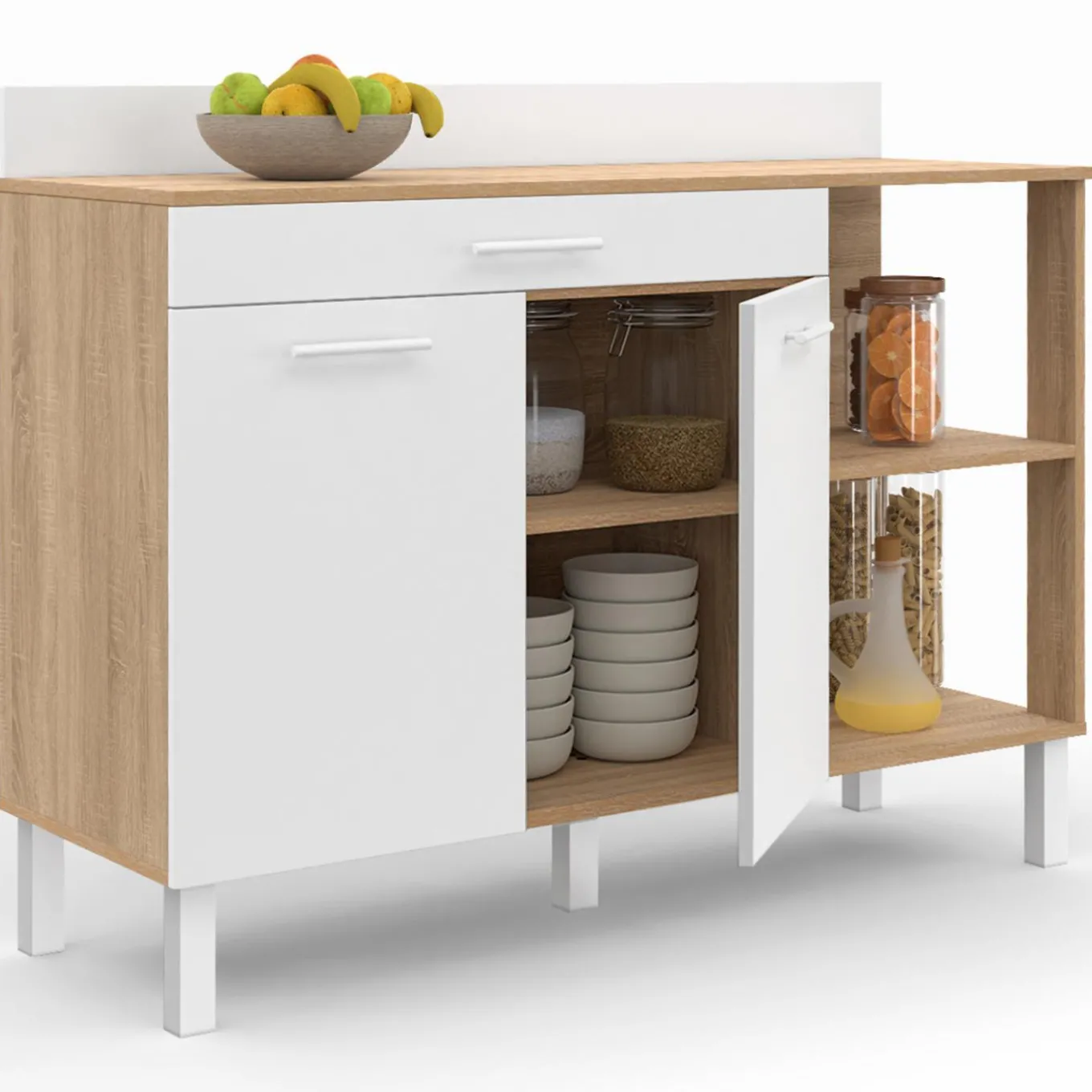 IDMarket Buffet bas de cuisine bois façon hêtre 120 cm 2 portes + tiroir blanc* Meubles Tiroirs|Meubles Bas