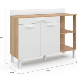 IDMarket Buffet bas de cuisine bois façon hêtre 120 cm 2 portes + tiroir blanc* Meubles Tiroirs|Meubles Bas