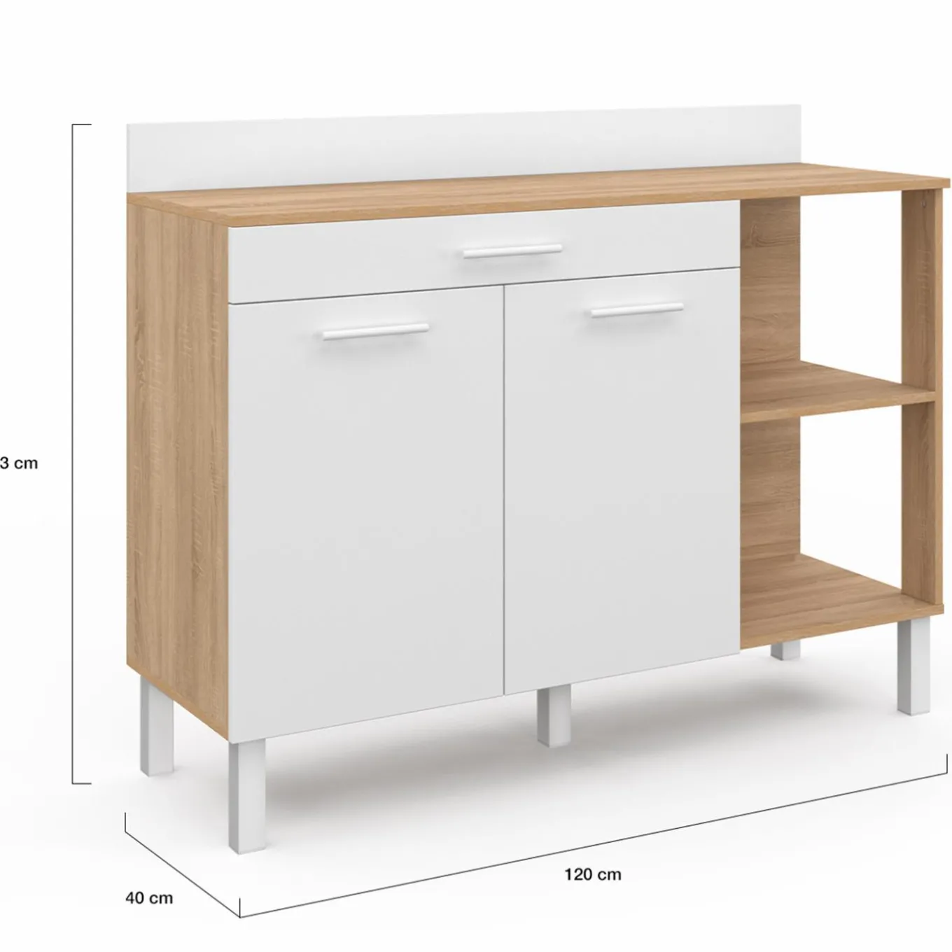 IDMarket Buffet bas de cuisine bois façon hêtre 120 cm 2 portes + tiroir blanc* Meubles Tiroirs|Meubles Bas
