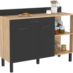 IDMarket Buffet bas de cuisine bois façon hêtre 120 cm 2 portes + tiroir noir* Meubles Tiroirs|Meubles Hauts