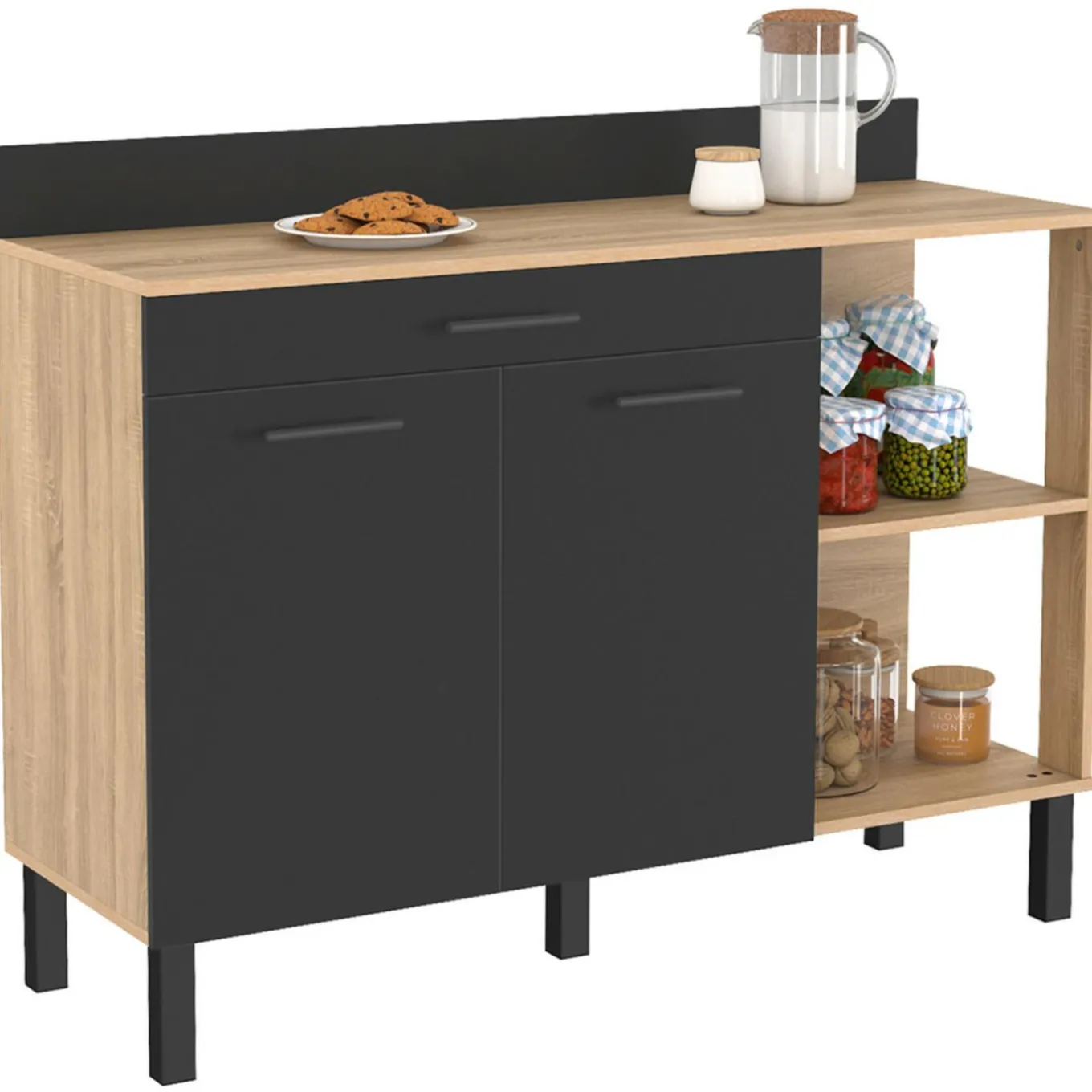 IDMarket Buffet bas de cuisine bois façon hêtre 120 cm 2 portes + tiroir noir* Meubles Tiroirs|Meubles Hauts