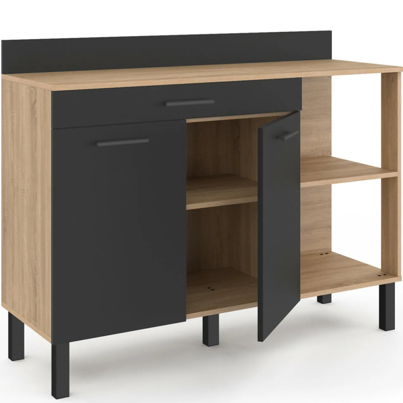 IDMarket Buffet bas de cuisine bois façon hêtre 120 cm 2 portes + tiroir noir* Meubles Tiroirs|Meubles Hauts