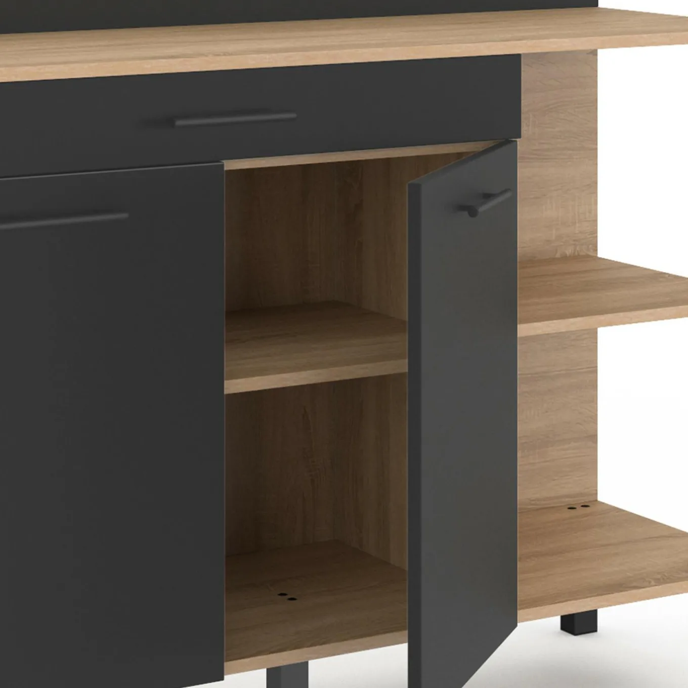 IDMarket Buffet bas de cuisine bois façon hêtre 120 cm 2 portes + tiroir noir* Meubles Tiroirs|Meubles Hauts