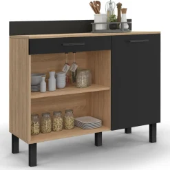 IDMarket Buffet bas de cuisine en bois façon hêtre 100 cm porte + tiroir noir* Meubles De Cuisine Avec Plan De Travail|Buffets De Cuisine