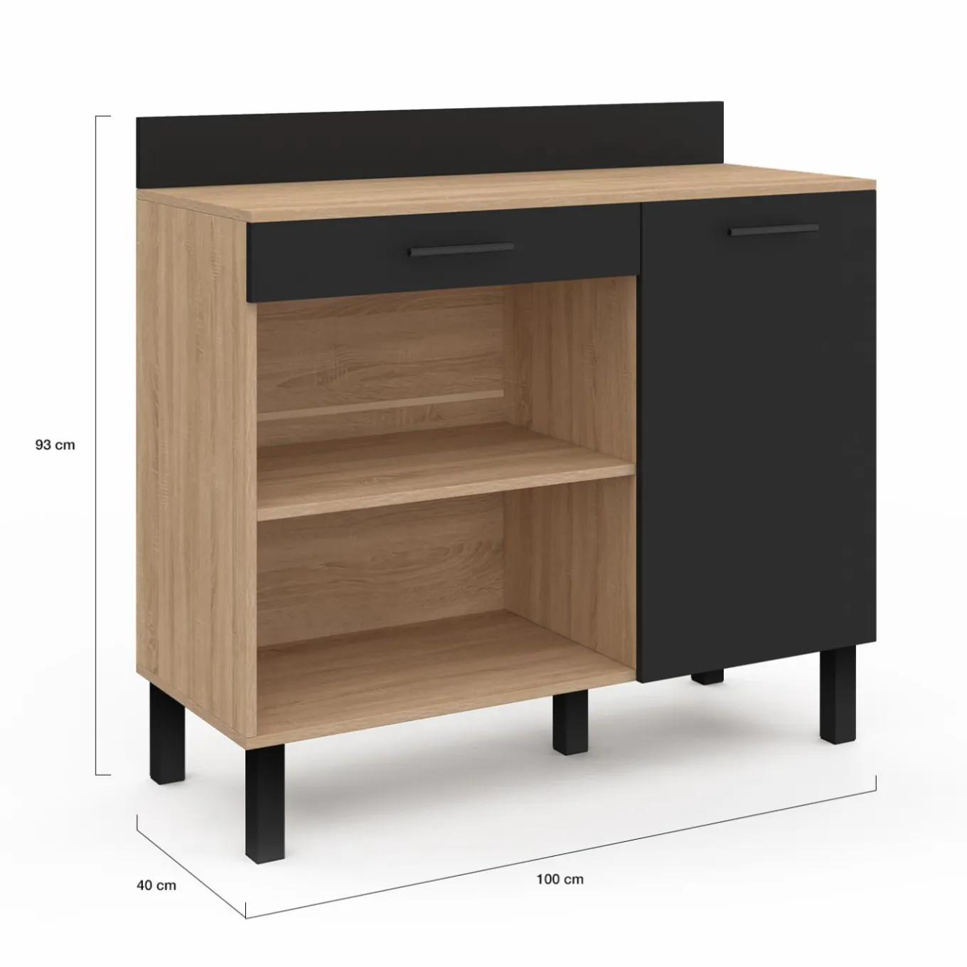 IDMarket Buffet bas de cuisine en bois façon hêtre 100 cm porte + tiroir noir* Meubles De Cuisine Avec Plan De Travail|Buffets De Cuisine