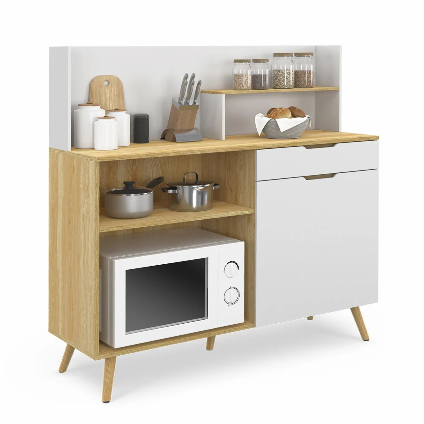 IDMarket Buffet bas de cuisine hêtre et blanc* Collection Scandinave|Meubles De Cuisine Avec Plan De Travail