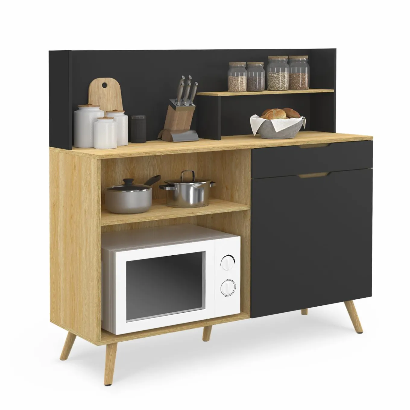 IDMarket Buffet bas de cuisine hêtre et noir* Collection Scandinave|Meubles De Cuisine Avec Plan De Travail