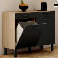 IDMarket Buffet bas hêtre et noir avec espace poubelle* Meubles De Cuisine Avec Plan De Travail|Buffets De Cuisine