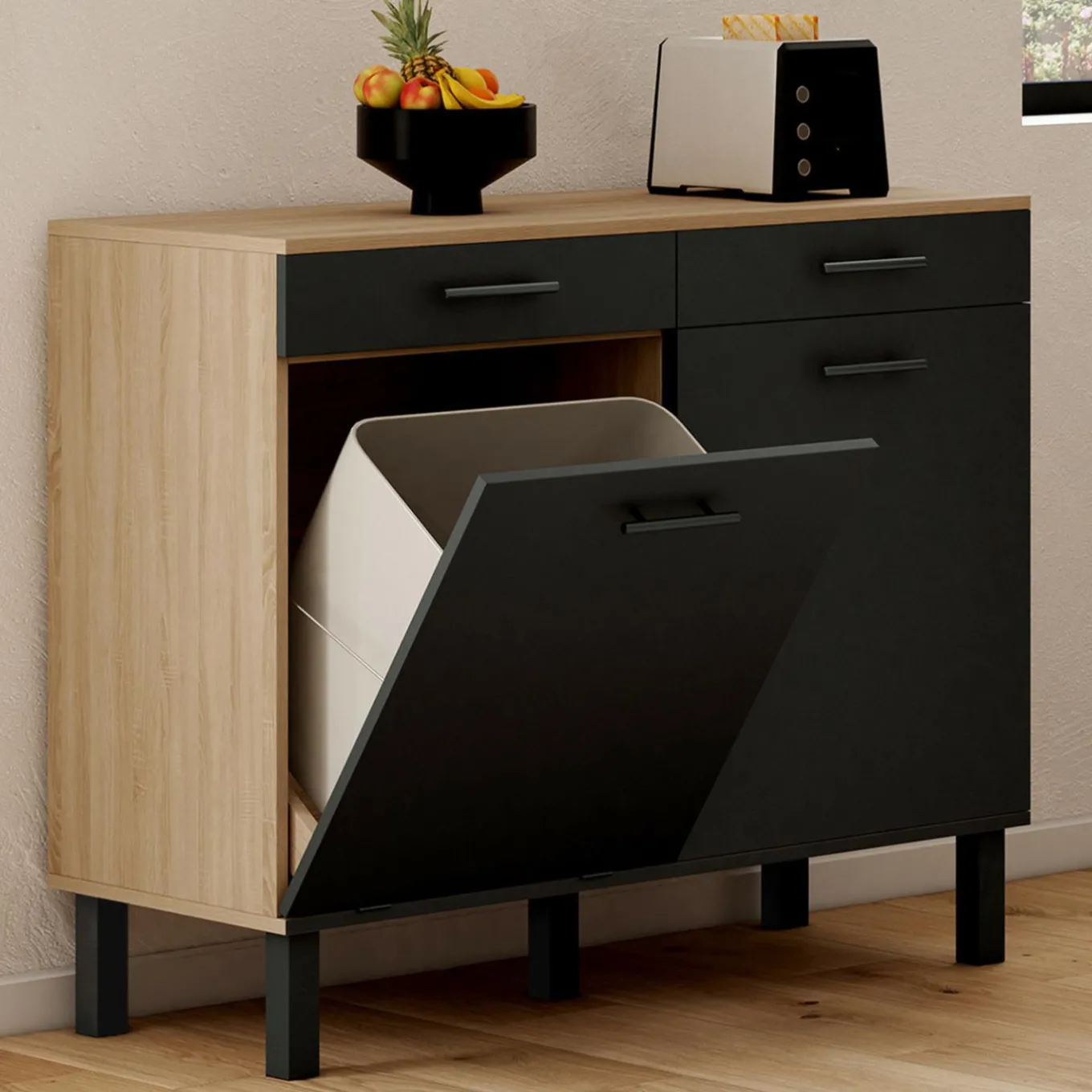 IDMarket Buffet bas hêtre et noir avec espace poubelle* Meubles De Cuisine Avec Plan De Travail|Buffets De Cuisine
