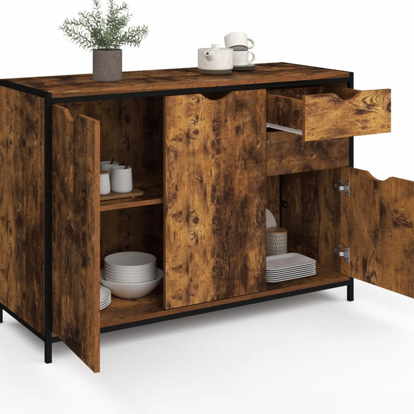 IDMarket Buffet bas industriel 110 cm avec placards et tiroirs* Collection Vintage|Salon Complet