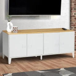 IDMarket Buffet bas industriel 4 portes métal blanc et plateau bois* Buffets|Meubles Tv