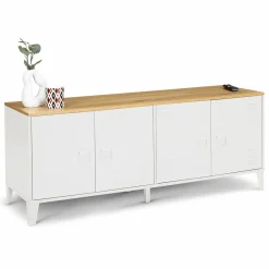 IDMarket Buffet bas industriel 4 portes métal blanc et plateau bois* Buffets|Meubles Tv