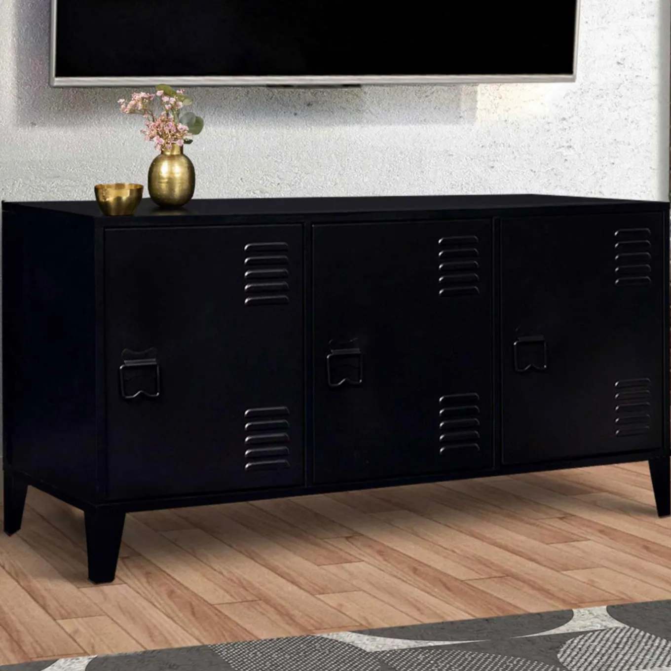 IDMarket Buffet bas industriel 3 portes en métal noir* Meubles Bas|Collection Métal