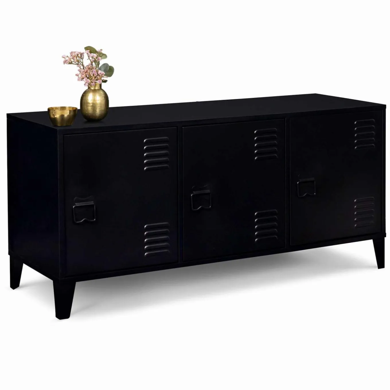 IDMarket Buffet bas industriel 3 portes en métal noir* Meubles Bas|Collection Métal