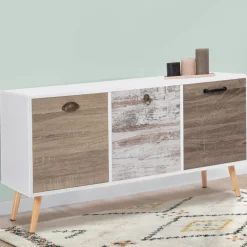 IDMarket Buffet bas scandinave 3 portes blanc effet vieilli* Collection Scandinave|Salle À Manger Complète