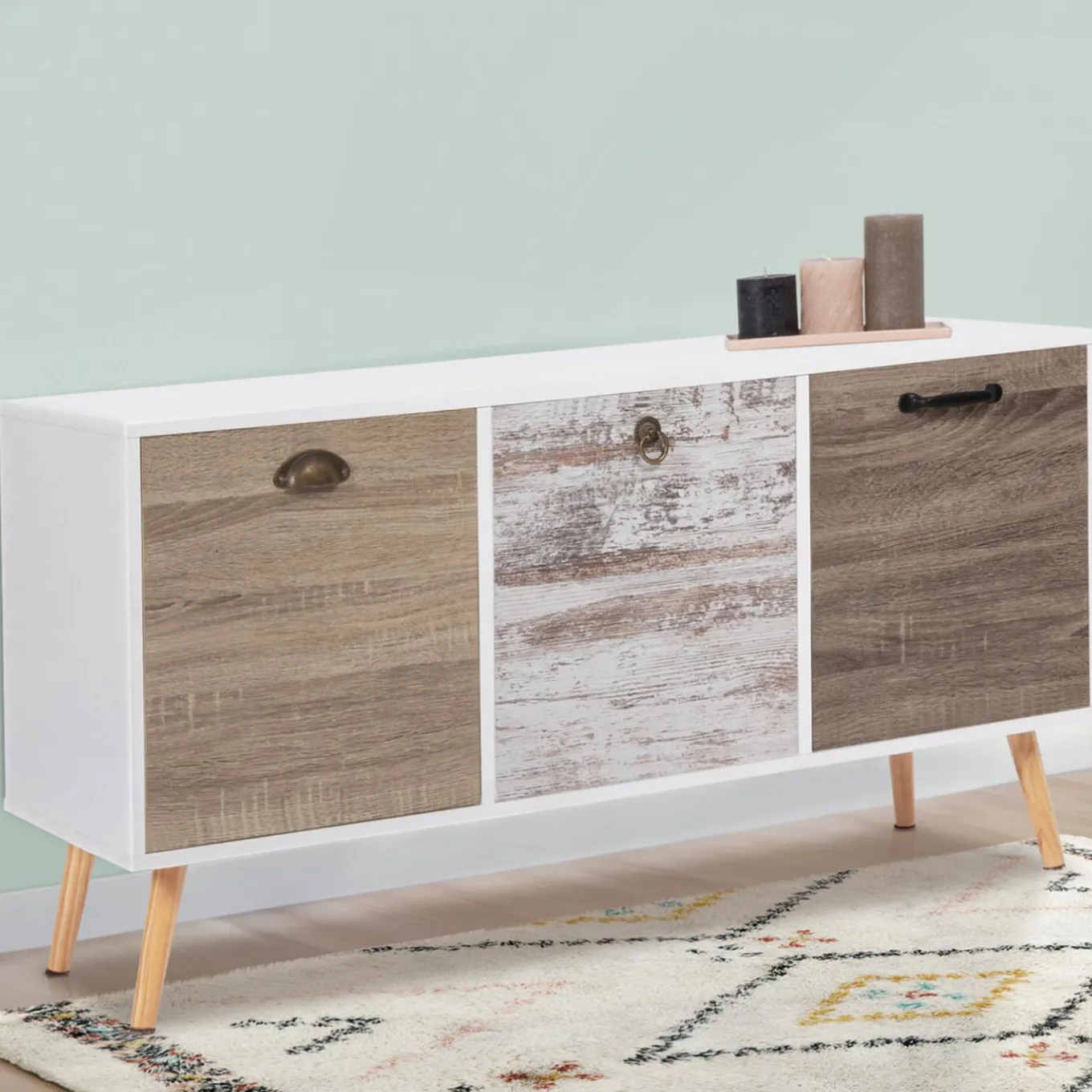 IDMarket Buffet bas scandinave 3 portes blanc effet vieilli* Collection Scandinave|Salle À Manger Complète