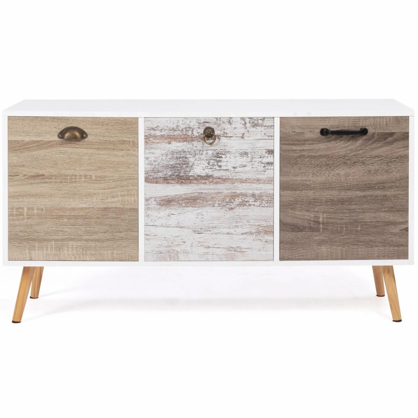 IDMarket Buffet bas scandinave 3 portes blanc effet vieilli* Collection Scandinave|Salle À Manger Complète