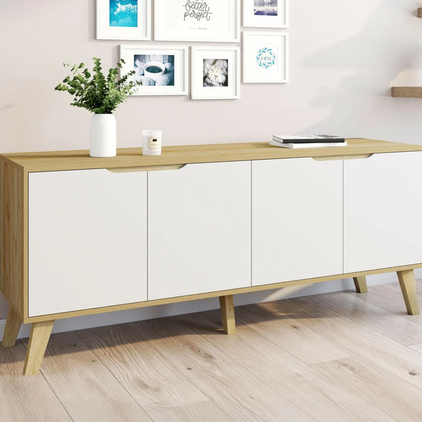 IDMarket Buffet bas scandinave bois avec 4 portes blanches* Meubles En Bois|Collection Scandinave