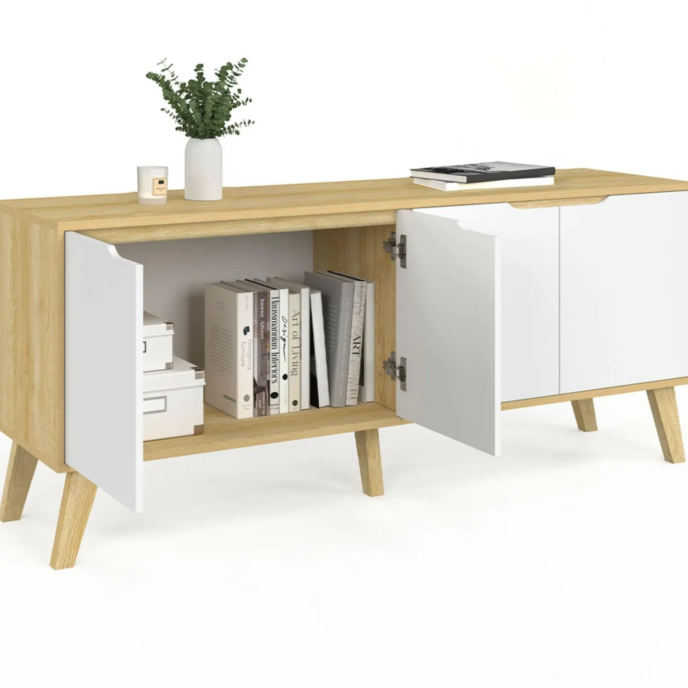 IDMarket Buffet bas scandinave bois avec 4 portes blanches* Meubles En Bois|Collection Scandinave