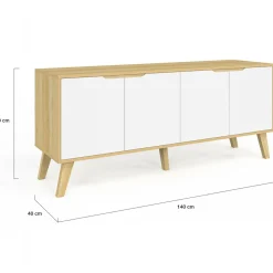 IDMarket Buffet bas scandinave bois avec 4 portes blanches* Meubles En Bois|Collection Scandinave