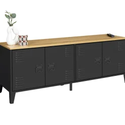 IDMarket Buffet bas style industriel 4 portes métal noir et plateau bois 140 cm* Collection Industrielle|Salle À Manger Complète