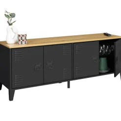 IDMarket Buffet bas style industriel 4 portes métal noir et plateau bois 140 cm* Collection Industrielle|Salle À Manger Complète