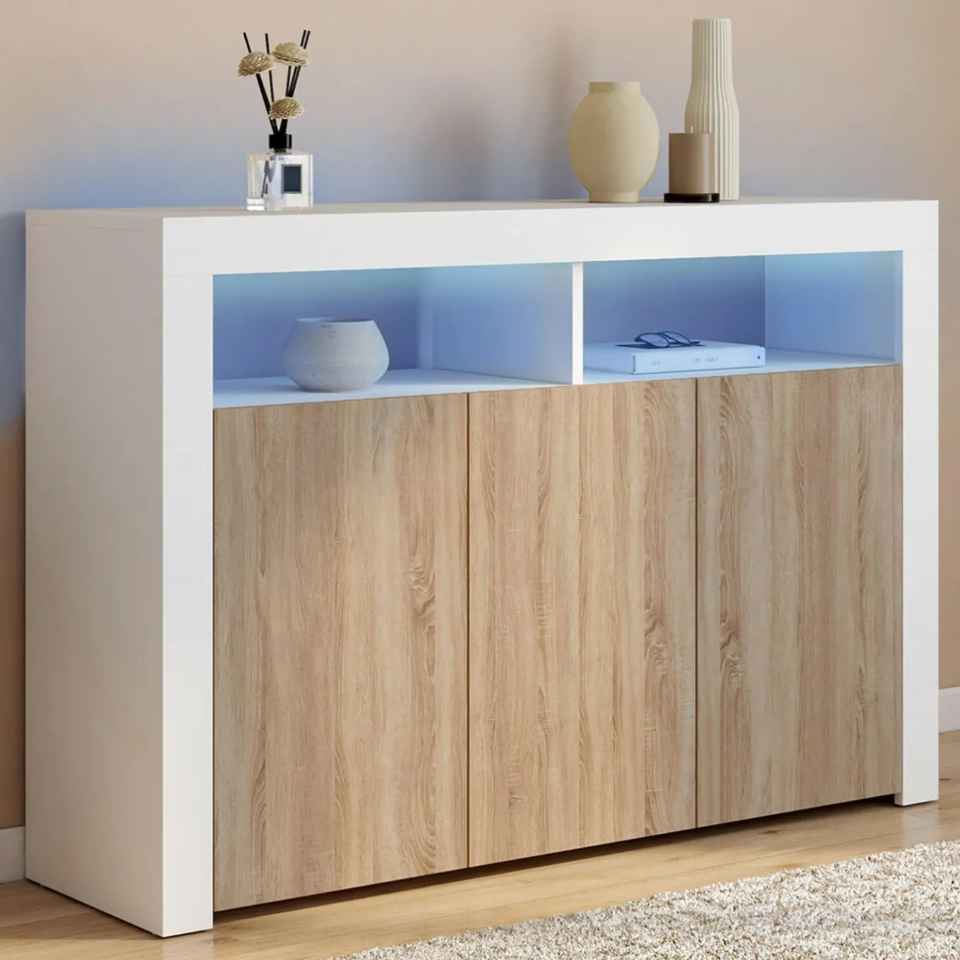 IDMarket Buffet blanc et bois 3 portes avec LED* Buffets|Salon Complet