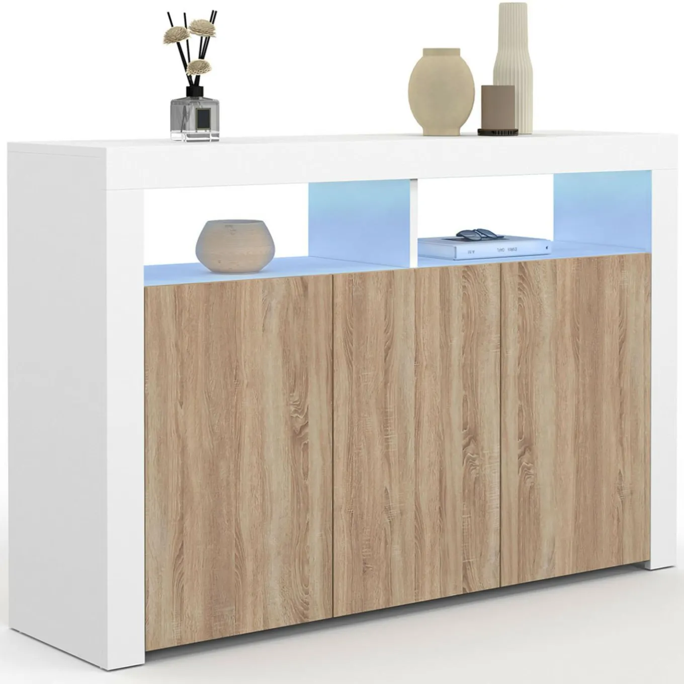 IDMarket Buffet blanc et bois 3 portes avec LED* Buffets|Salon Complet
