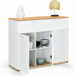 IDMarket Buffet blanc et bois 3 portes et 1 tiroir* Meubles Tiroirs|Collection Design