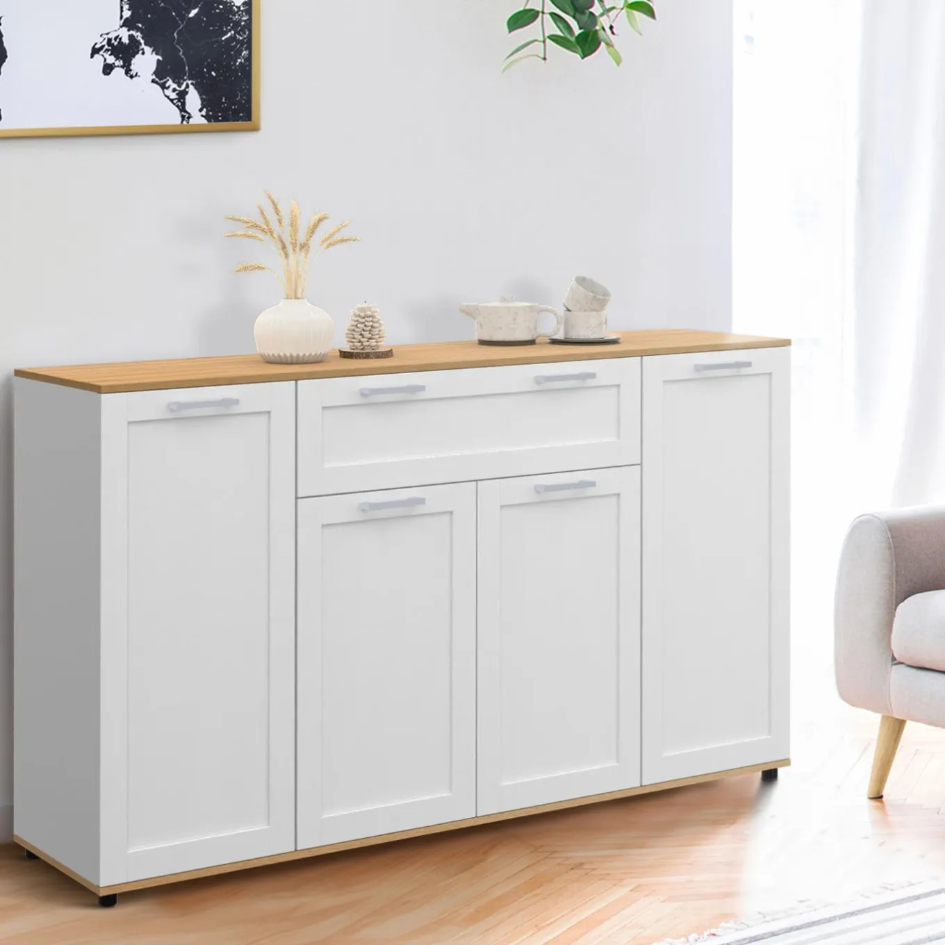 IDMarket Buffet blanc et bois 4 portes 1 tiroir* Buffets|Salon Complet